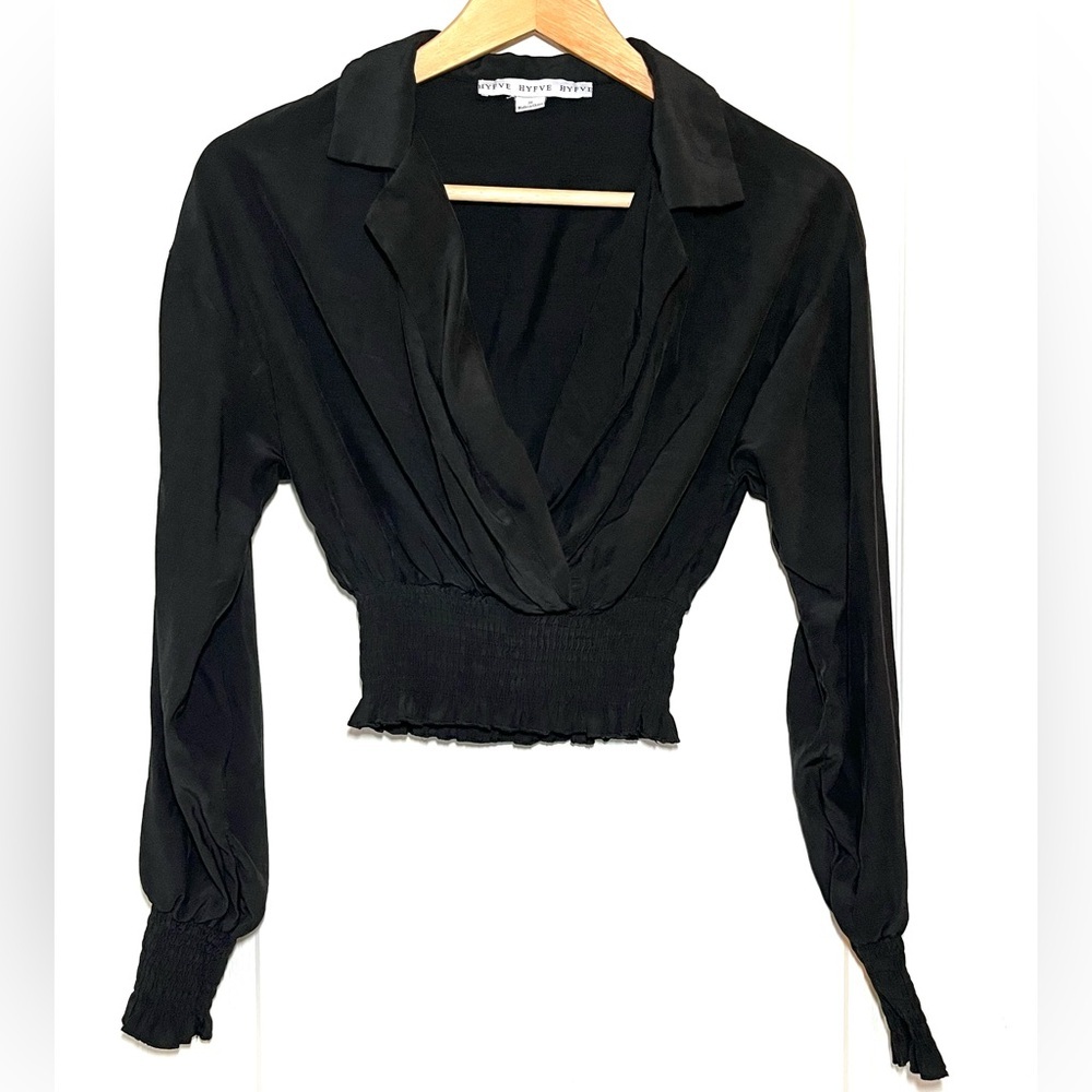 HYFVE Black Smocked Wrap Front Crop Top Long Sleeve Size S Capsule Wardrobe